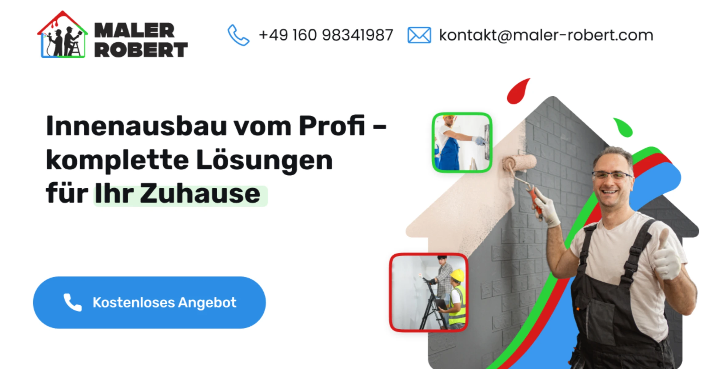 Handwerker bei Malerarbeiten streicht Innenwand mit Farbrolle und zeigt Daumen hoch