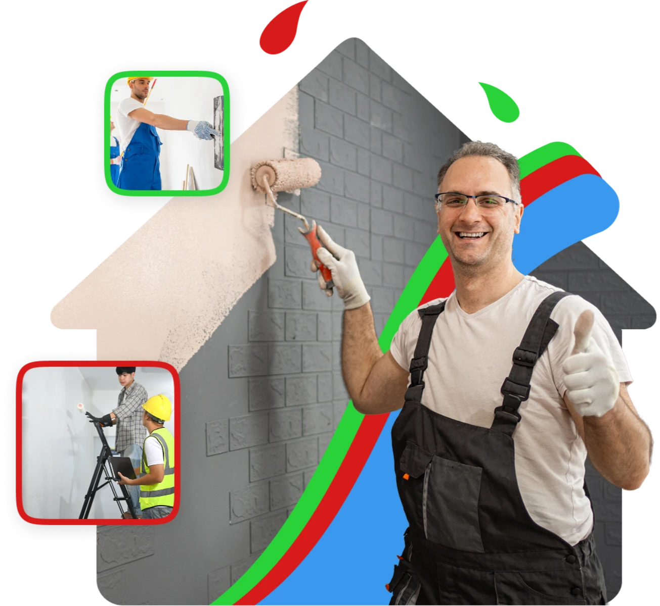 Handwerker streicht graue Ziegelwand mit Farbrolle im Innenbereich – Malerarbeiten