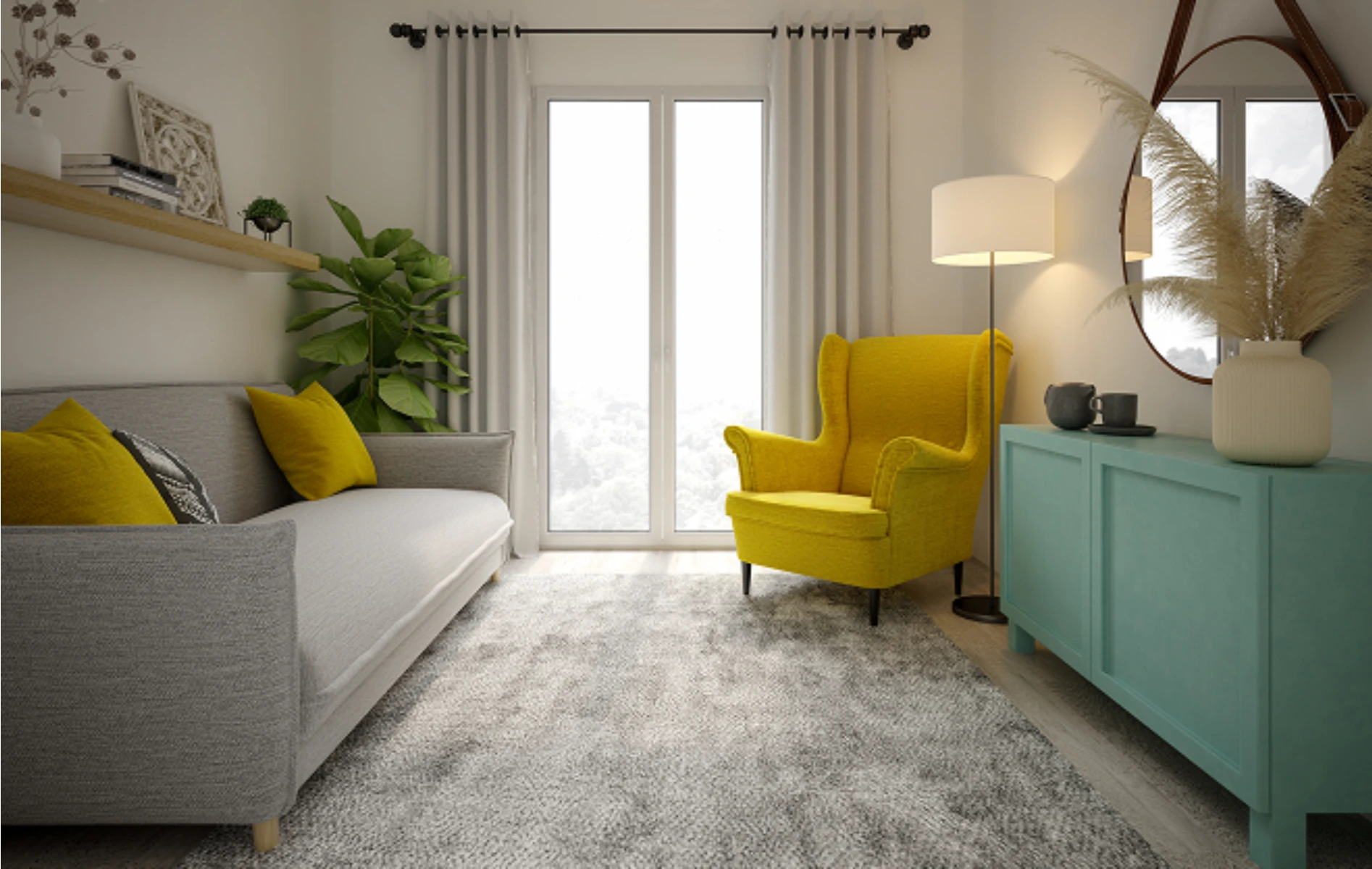 Modernes Wohnzimmer mit frisch gestrichenen Wänden, gelbem Sessel, grauem Sofa, Pflanzen und moderner Beleuchtung Malerarbeiten