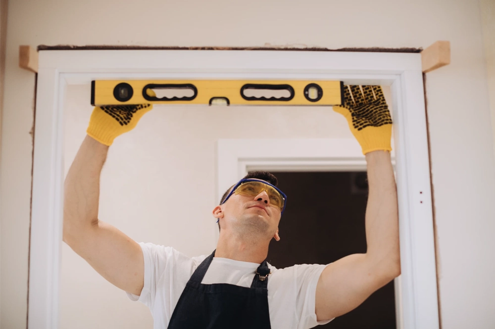 Handwerker mit Wasserwaage misst die Ausrichtung eines Türrahmens beim Trockenbau