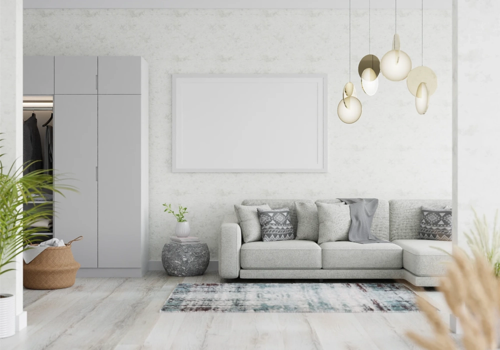 Modernes Wohnzimmer mit hellem Parkettboden nach Parkett verlegen, grauem Ecksofa, Korb und minimalistischen Hängeleuchten